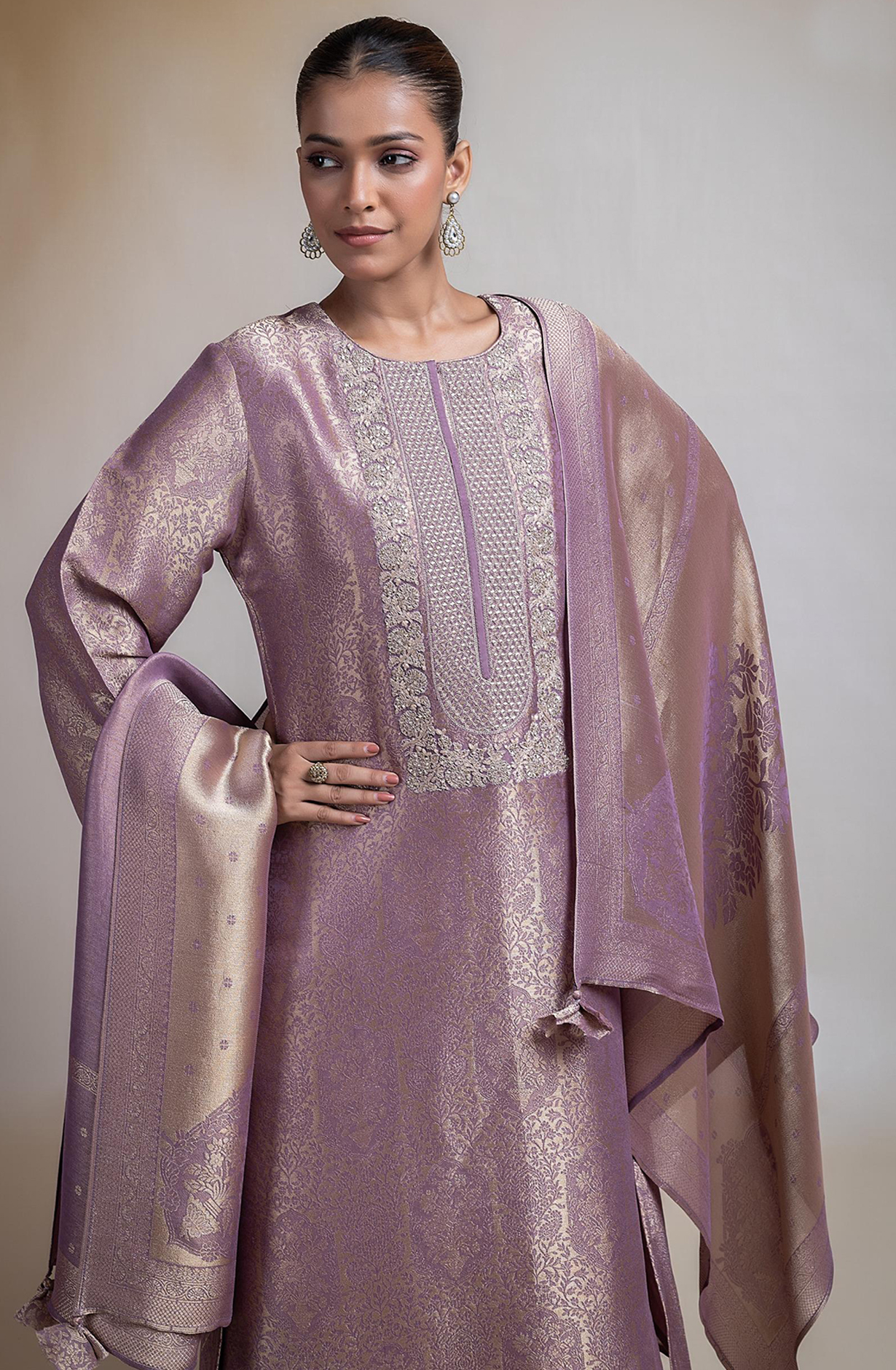 Mauve silk tissue Jacquard Suit Set with Dupatta - R157-SPR2387B