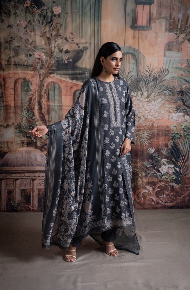 Image of Grey Pashmina Suit set with Pashmina Dupatta - ZIR2094C