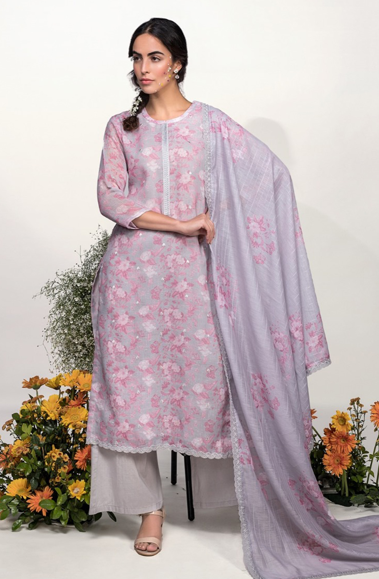 Pink Linen Digital Printed beautiful Suit Set with Dupatta - MOG9982B