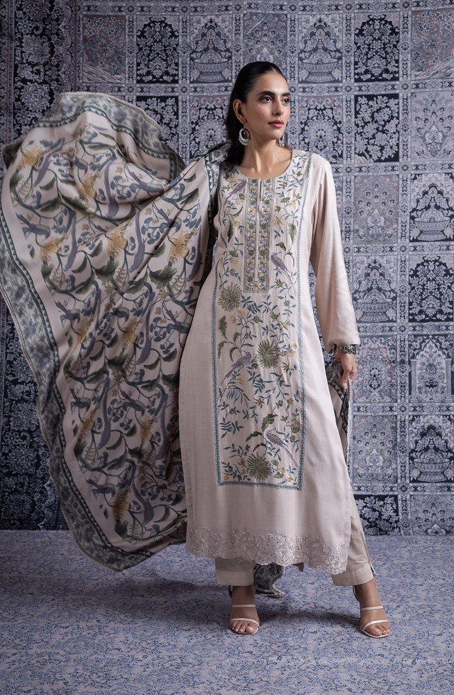 Image of Grey Pure Pashmina Suit Set with Pashmina Silk Dupatta - JAN2100A