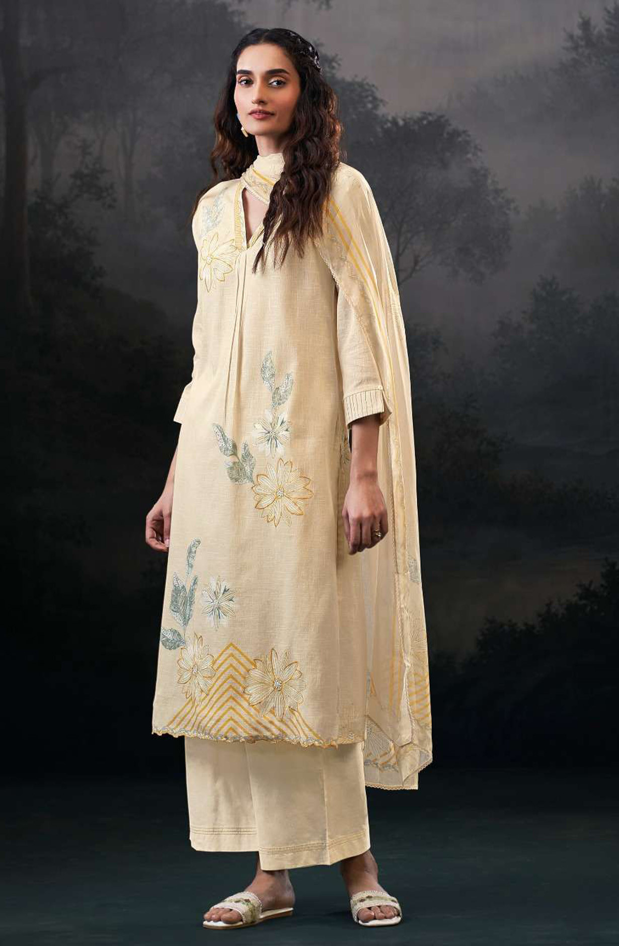 Beige premium cotton linen Unstitched Suit Set with Dupatta - ALVS4507A