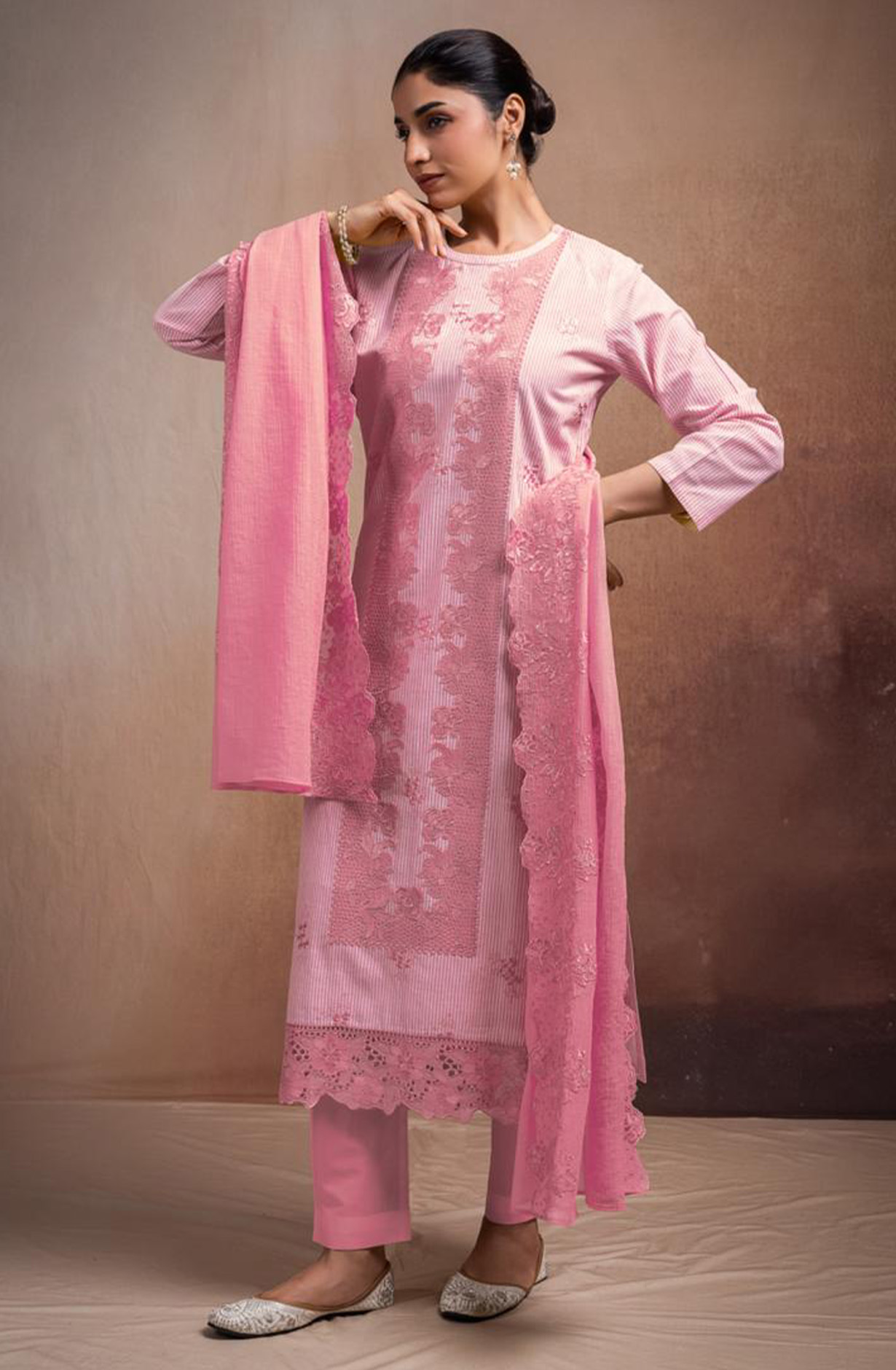 Pink Pure Cotton Handloom Embroidered Suit Set with Dupatta - ANTNSF137B