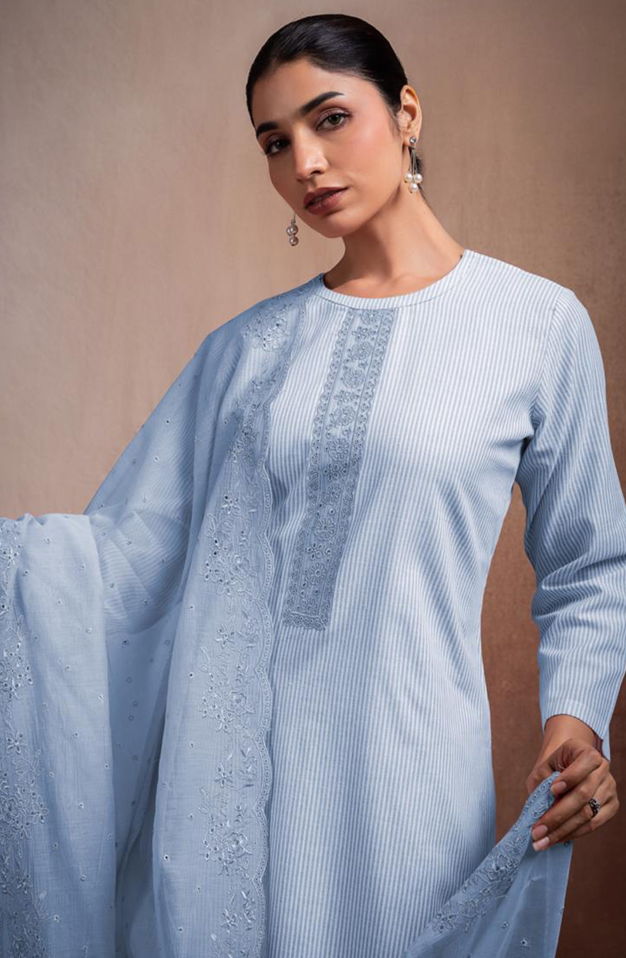 Blue Pure Cotton Handloom Embroidered Suit Set with Dupatta - ANTNSF136B