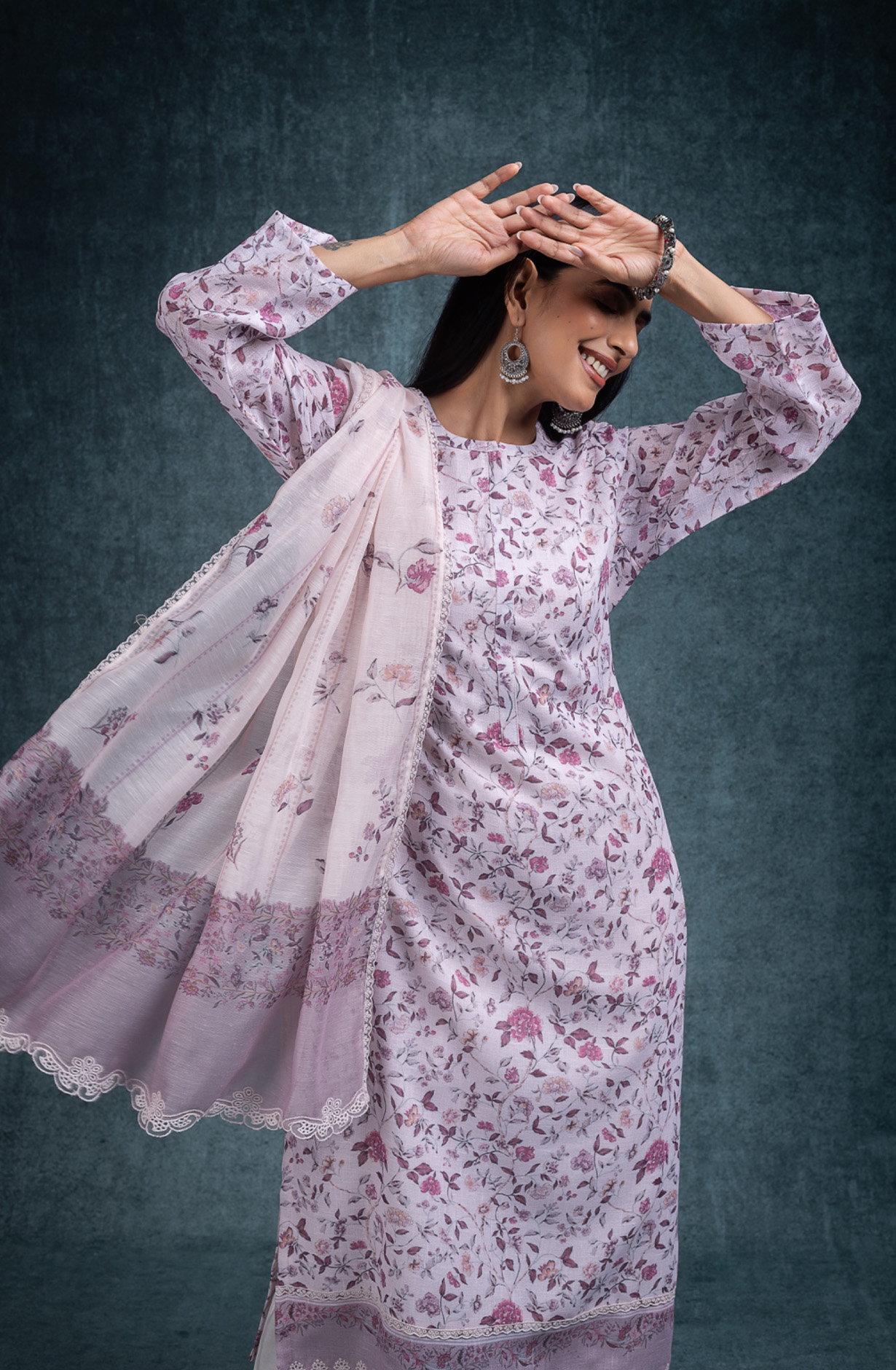 Pink Linen beautiful Suit Set with Dupatta - INRNSP107B