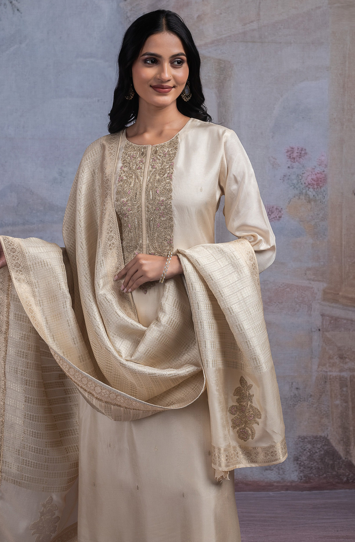 Beige Silk Suit Set with Dupatta - R157-SPR2542A