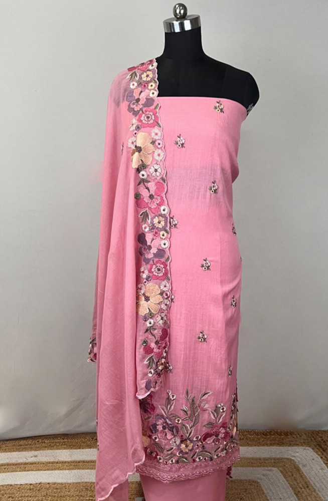 Image of Pink Linen Unstitched Beautiful Suit Set with Dupatta - 131-EE5242