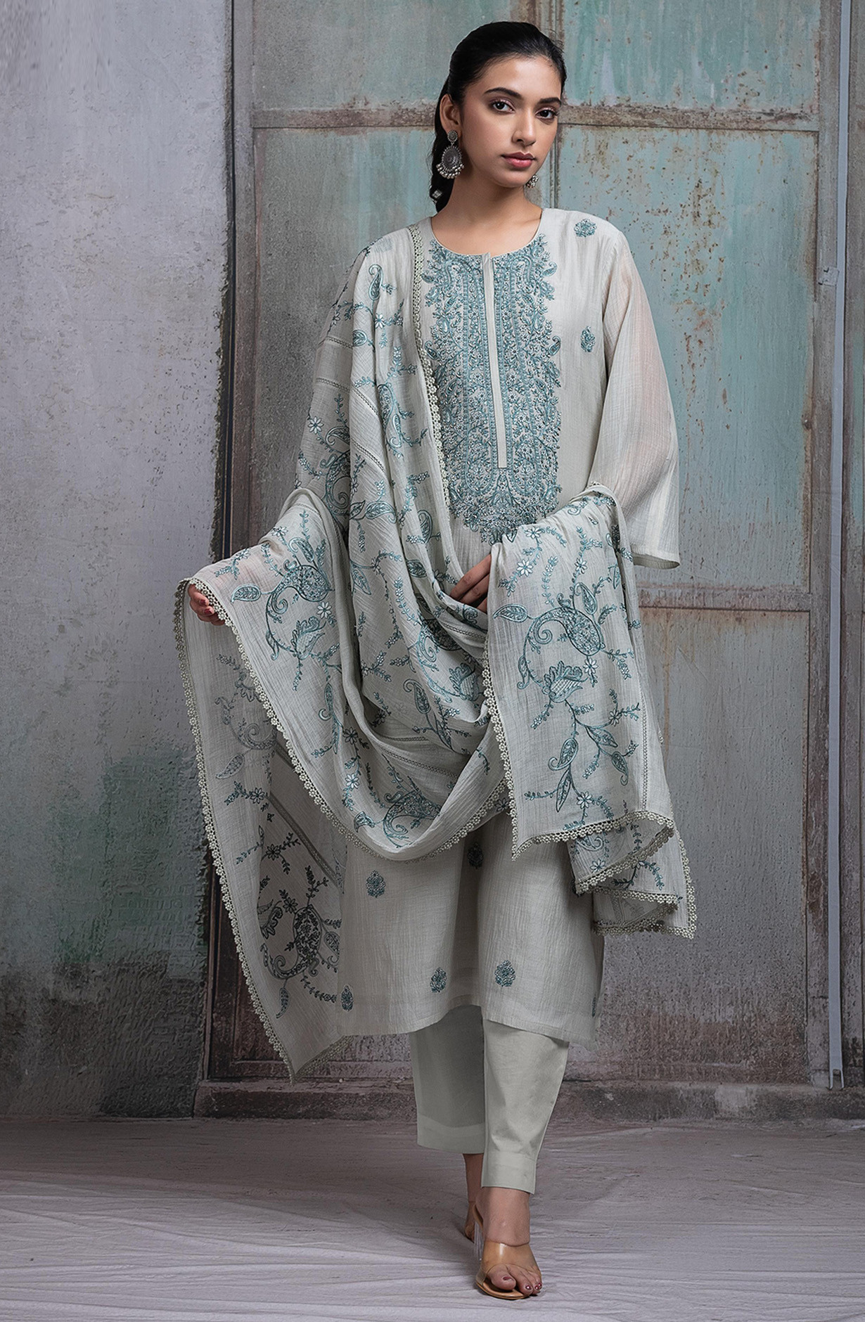 Bottle Green Pure mul chanderi Embroidered Suit Set with Dupatta - R157-SPR2597A