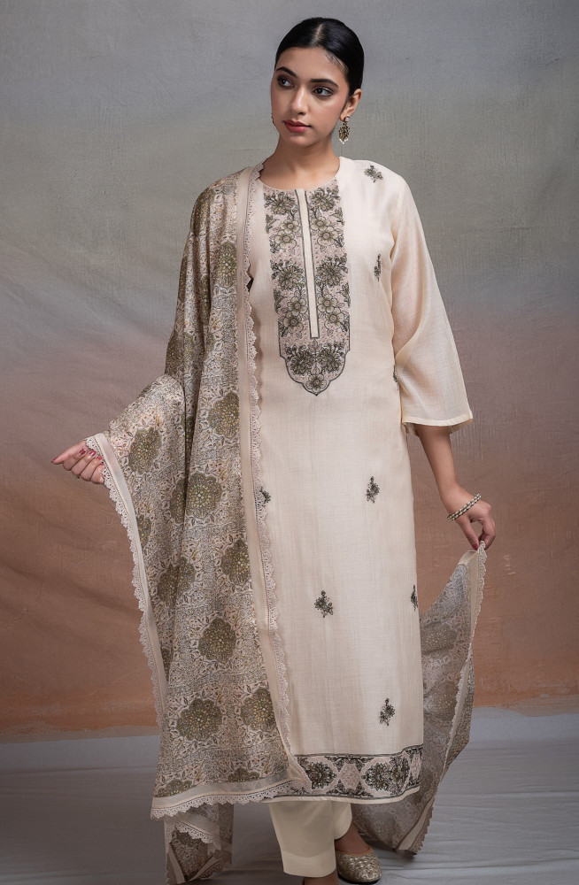 Image of Beige Pure mul chanderi Suit Set with Dupatta - R157-SPR2664