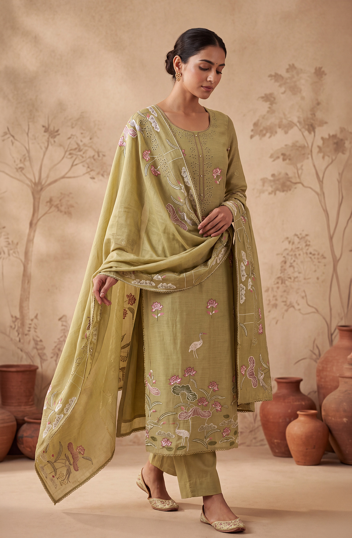 Green Mul Chanderi Unstitched Suit Set with Beautiful Dupatta - 752-9241