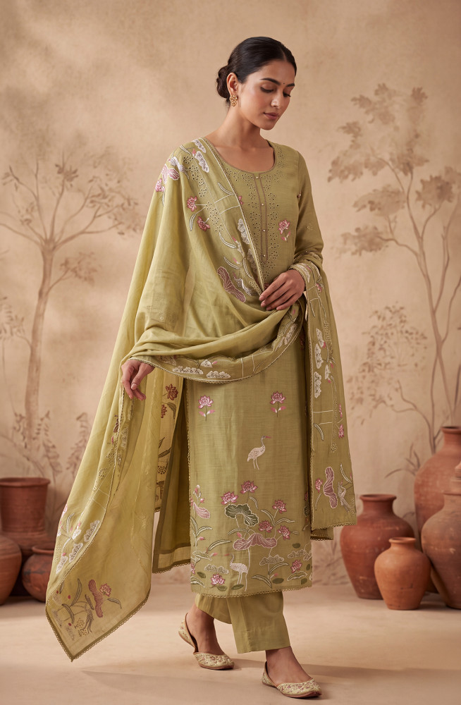 Image of Green Mul Chanderi Unstitched Suit Set with Beautiful Dupatta - 752-9241
