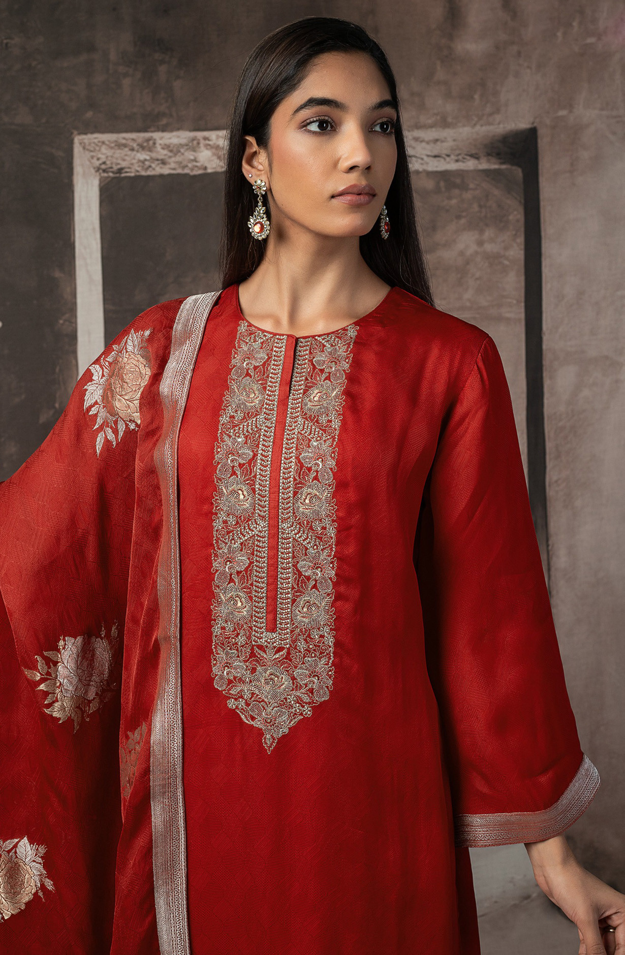 Red Silk Jacquard Suit Set with Silk Dupatta - R157-SPR2534B