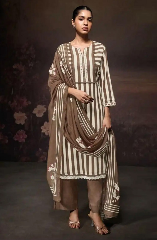 Image of Brown premium cotton linen Unstitched Suit Set with Dupatta - ZIAS3685B
