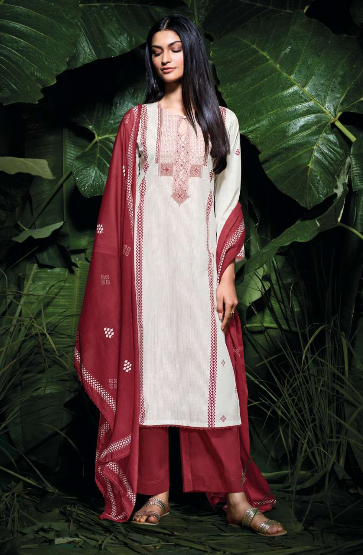 Red premium cotton Unstitched Suit Set with Dupatta - KRIS4498B