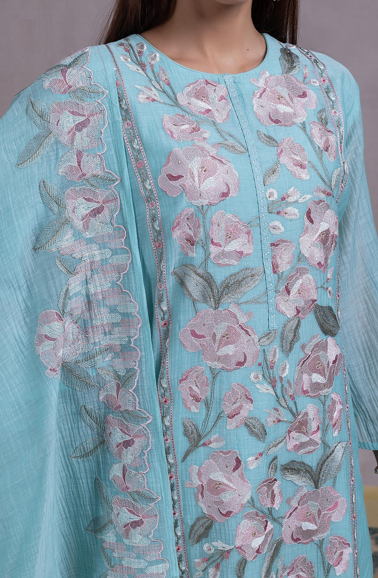 Blue Mul chanderi Embroidered Suit Set with Dupatta - R157-SPR2316A