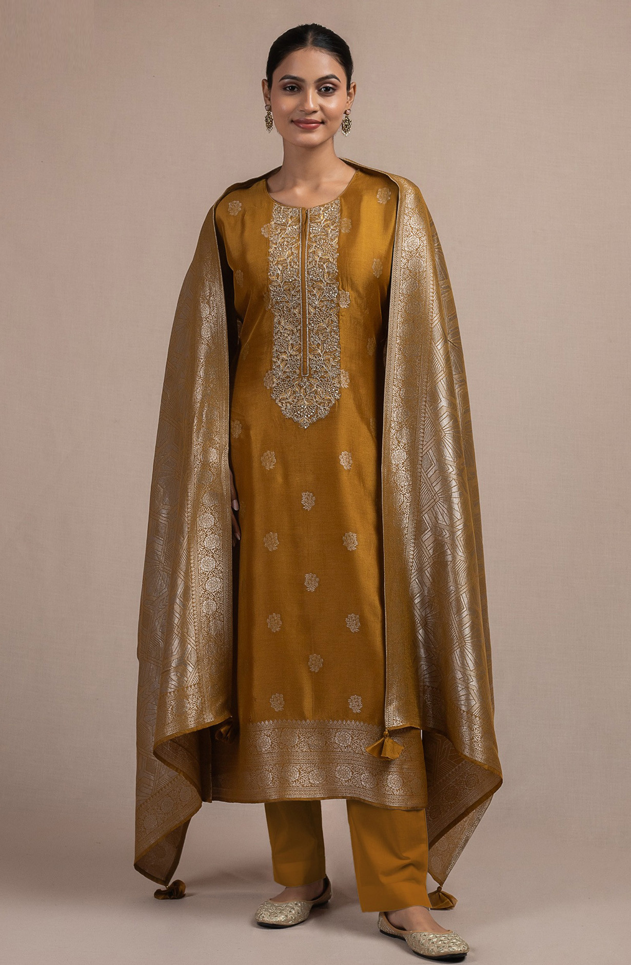 Mustard Silk Jacquard Suit Set with Silk Dupatta - R157-SPR2536B