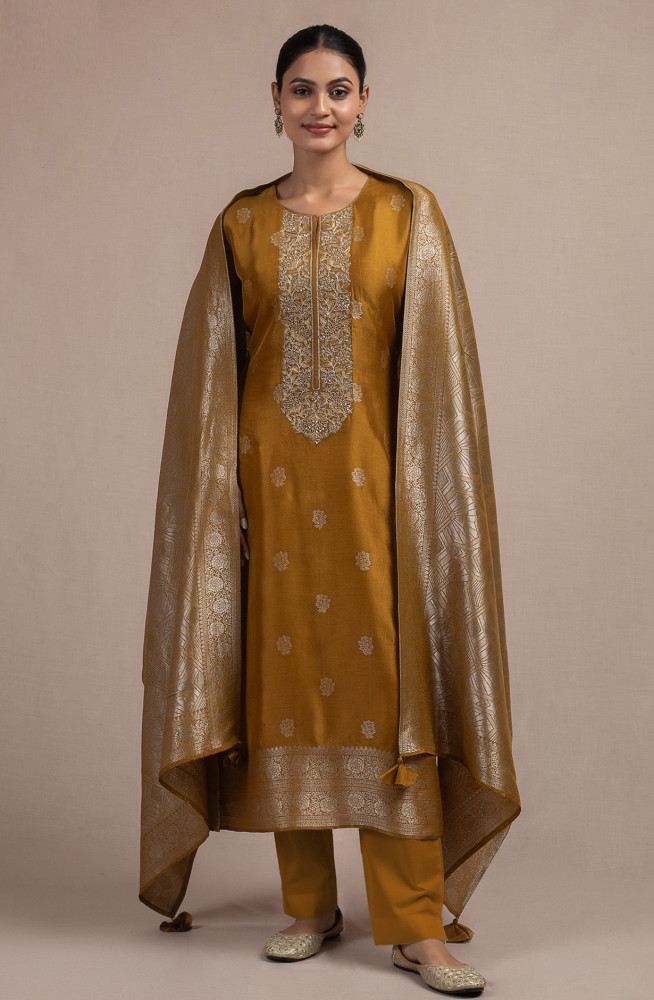 Image of Mustard Silk Jacquard Suit Set with Silk Dupatta - R157-SPR2536B