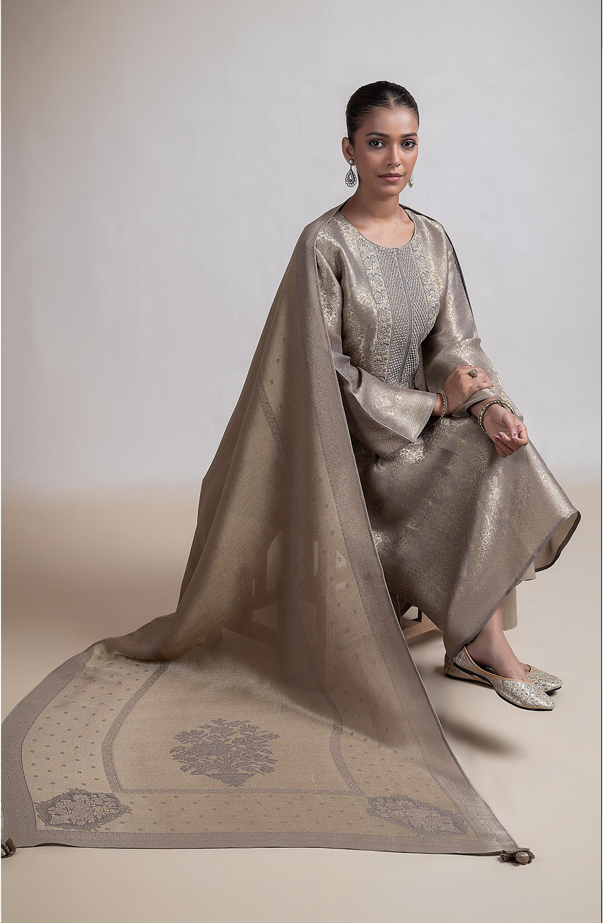 Green Silk Tissue Jacquard Unstitched Suit with Beautiful Silk Tissue Dupatta- R157-SPR2387A