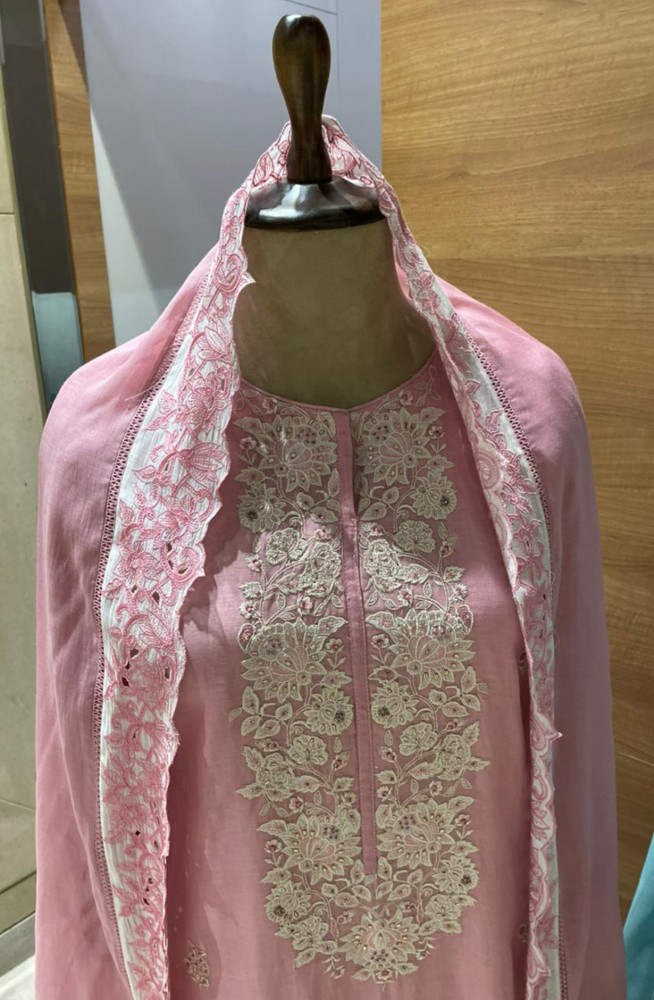 Image of Pink Pure Mul Chanderi Embroidered Beautiful Suit Set with Dupatta - R157-SPR2594