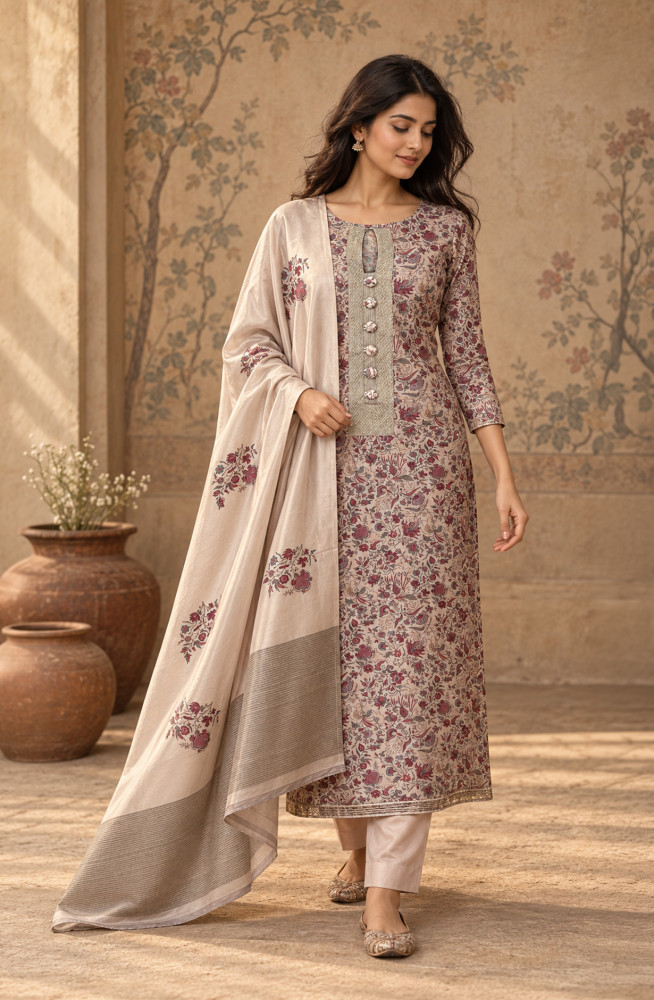 Image of Mauve Satin Silk Unstitched Suit Set with Beautiful Satin Silk Dupatta - 972-WETSL1101-1B