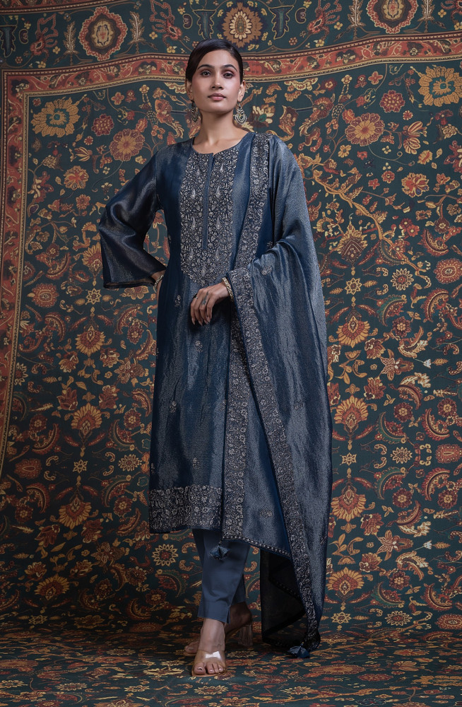 Image of Blue Tissue silk Unstitched Suit with Beautiful Dupatta- R157-SPR2832