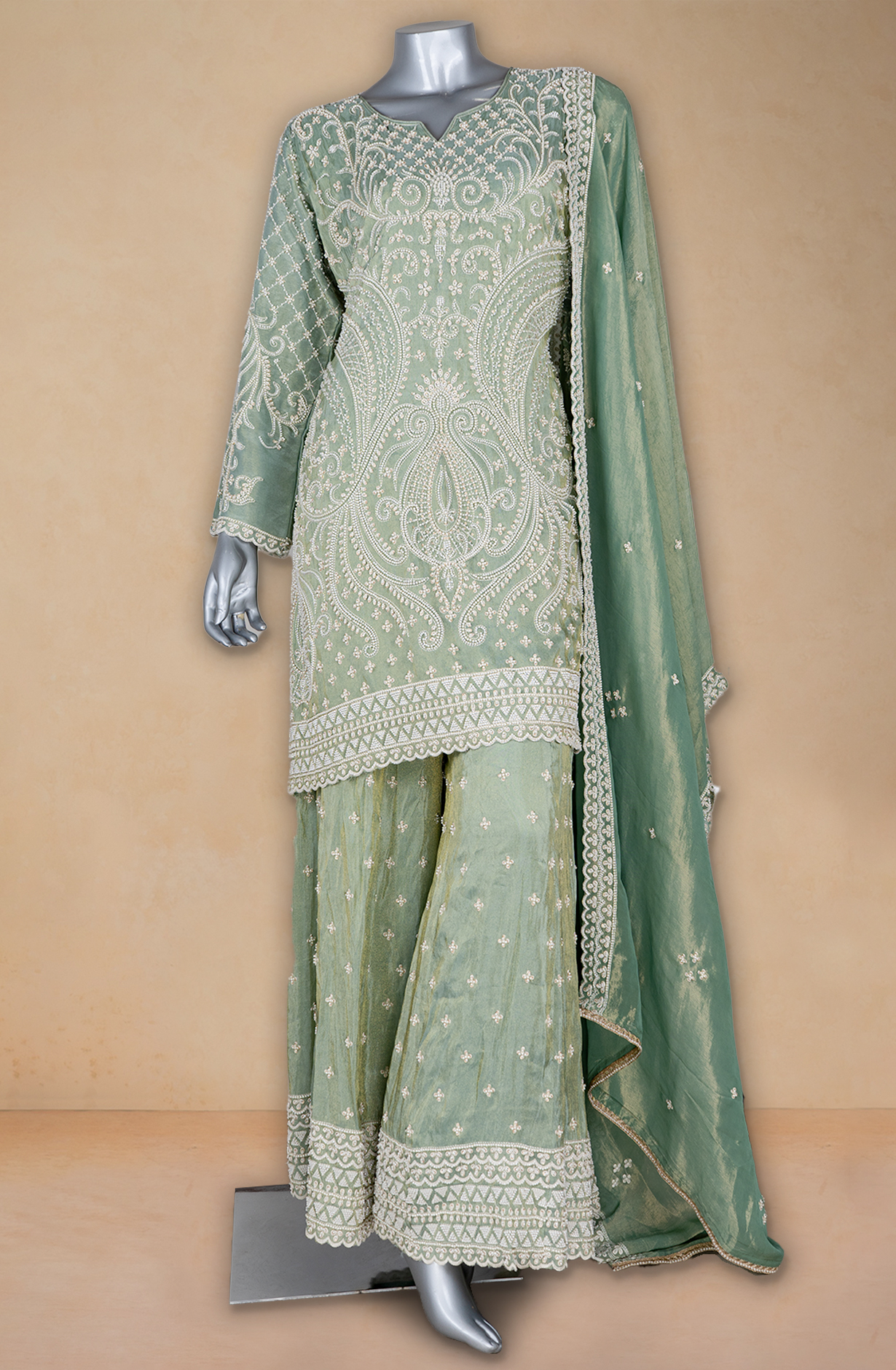 Green Shimmer Silk with Allover Handwork and Moti work Co-Ord Set - 752-8149B