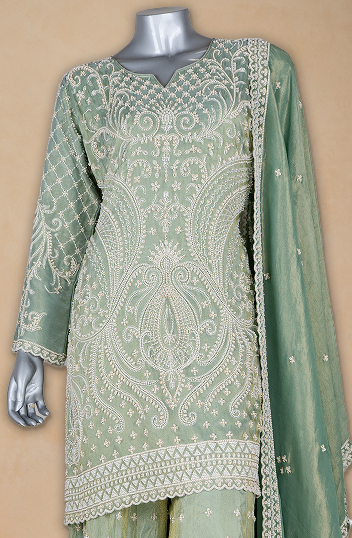 Green Shimmer Silk with Allover Handwork and Moti work Co-Ord Set - 752-8149B