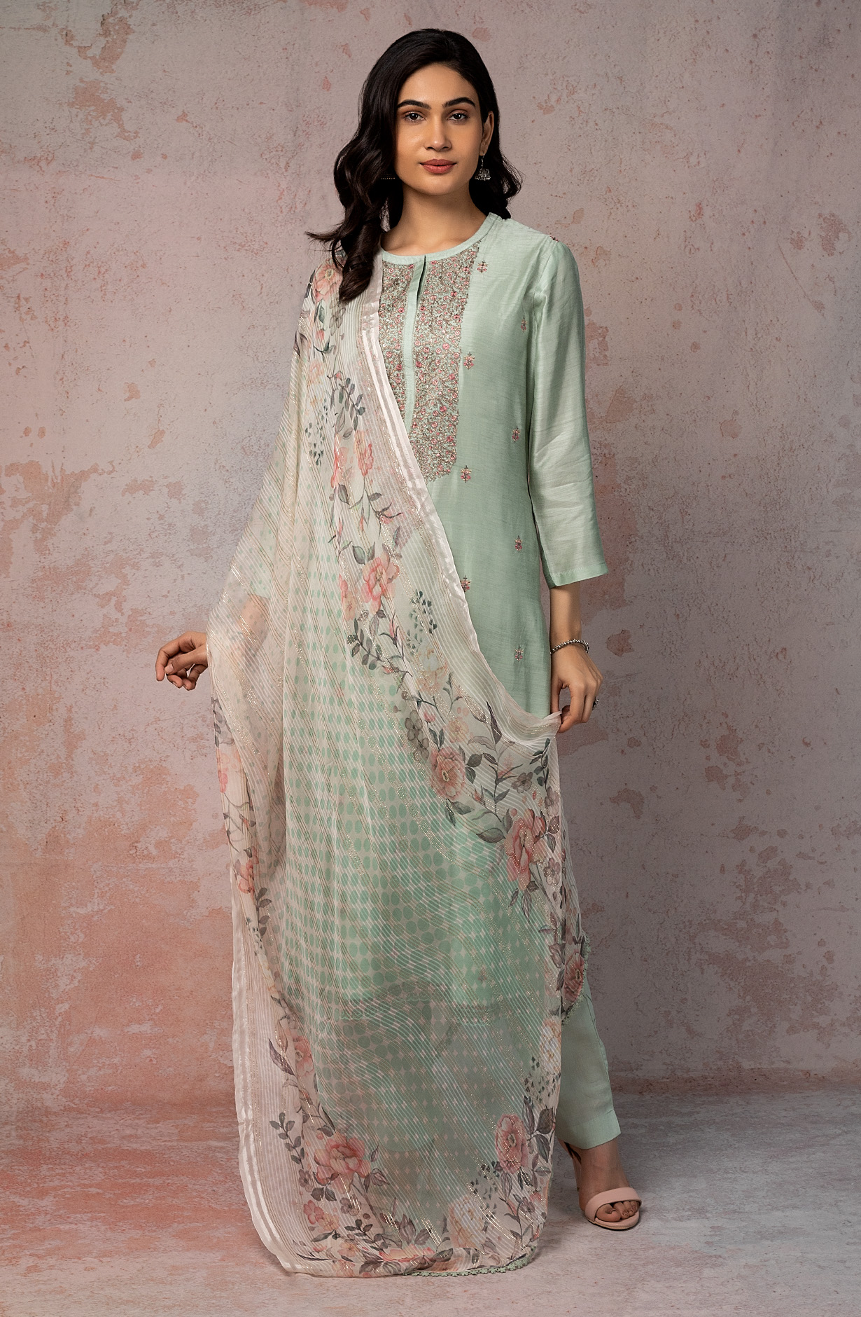 Sea Green Beautiful Muslin Salwar Suit with Chiffon Dupatta - NIS1891B