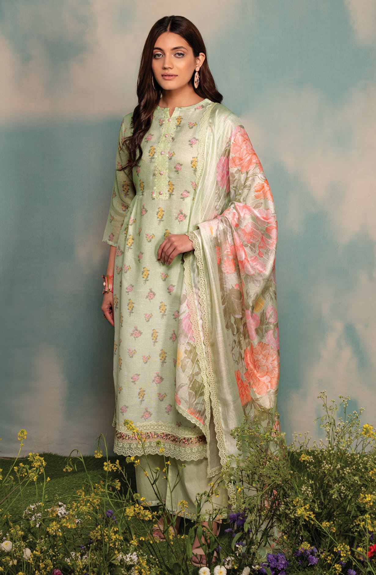 Pista Green Linen Exclusive Digital Printed with Embroidered Salwar Suit- DAI1730