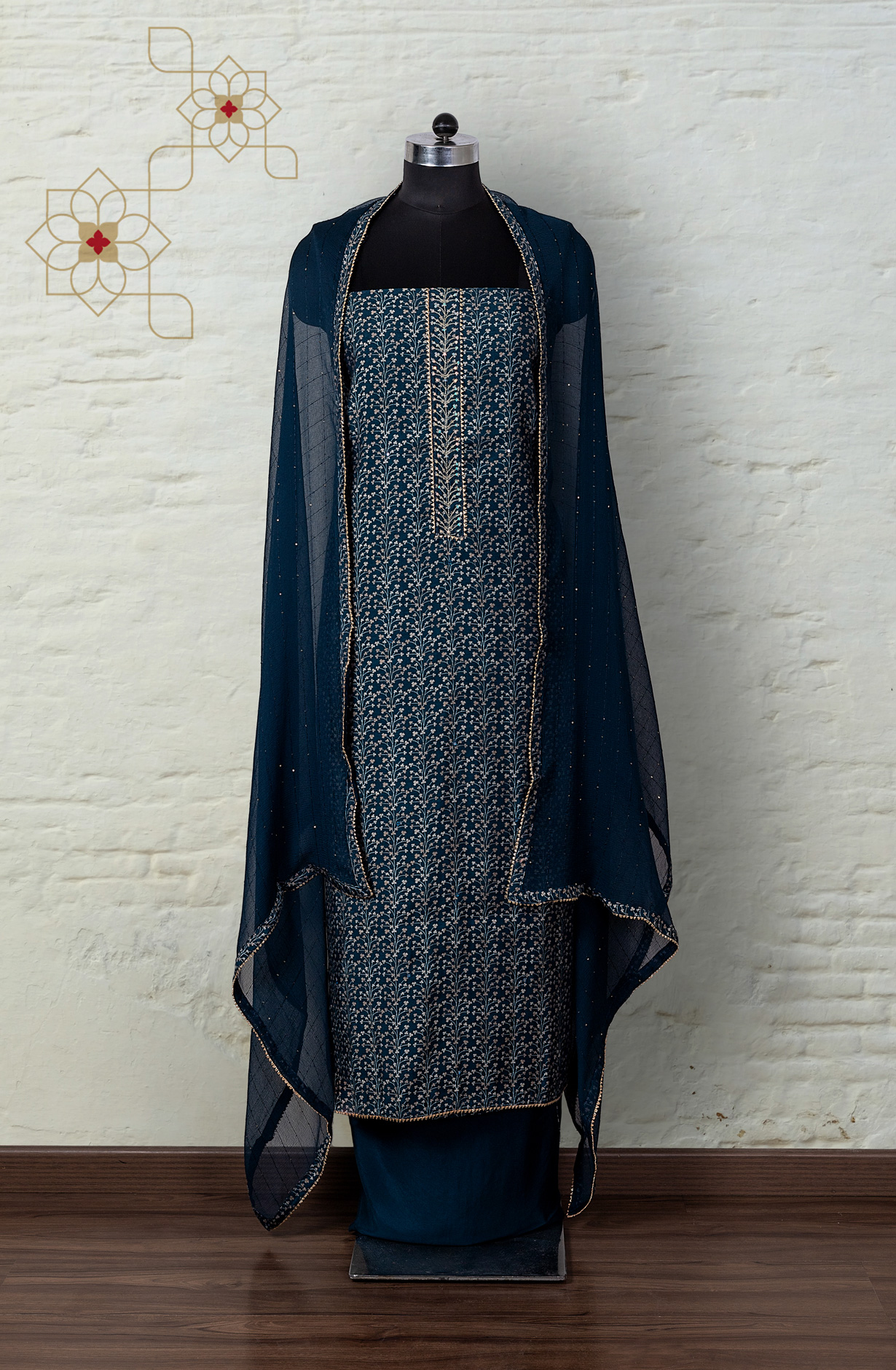 Teal Modal Silk Salwar Kameez with Chiffon Dupatta - 912-YRT09713