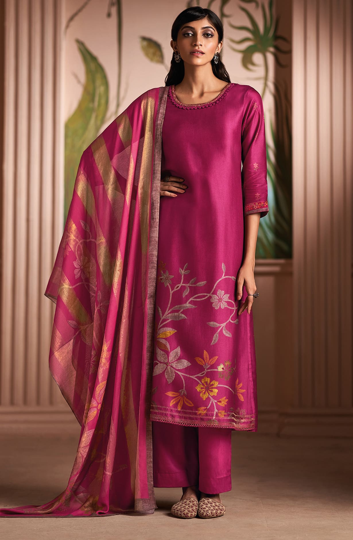 Magenta Silk Digital Printed Salwar Kameez Suit-set - SHAC1136