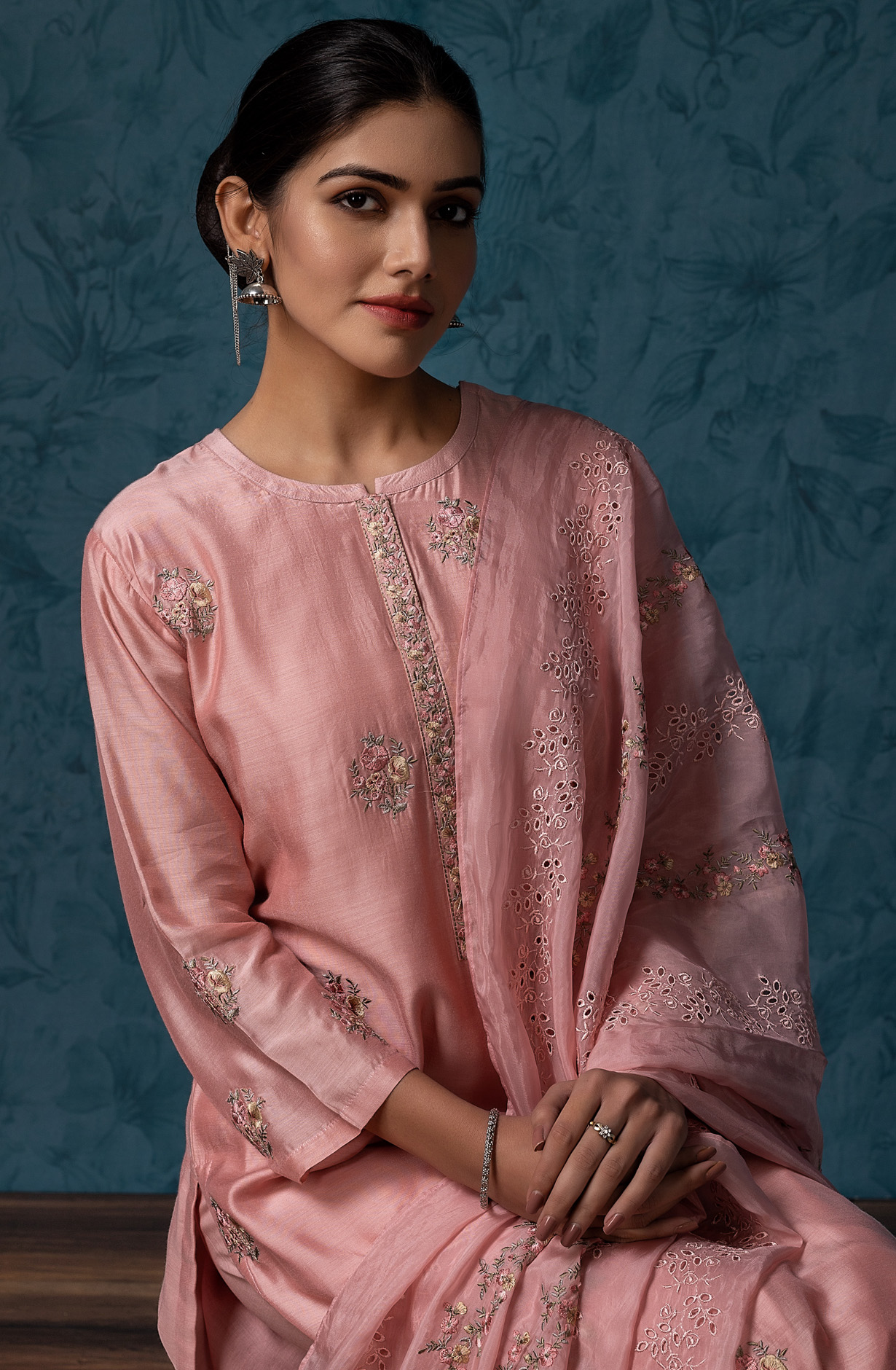 Pink Beautiful Muslin Embroidered Salwar Kameez with Organza Dupatta - GAR1870C