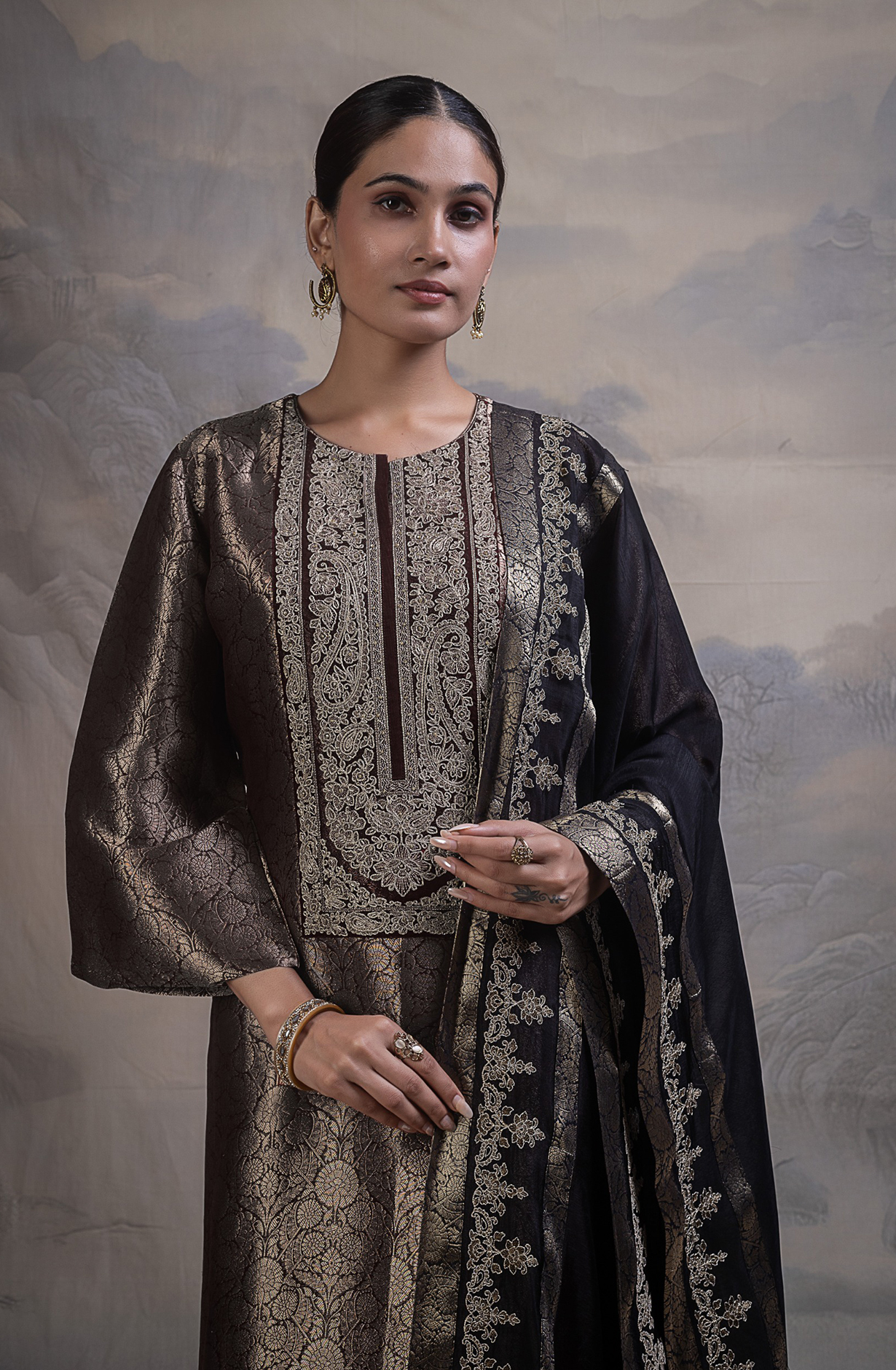 Black Ziraf Silk Jacquard Unstitched Suit with Beautiful Silk Dupatta- R157-SPR2794A