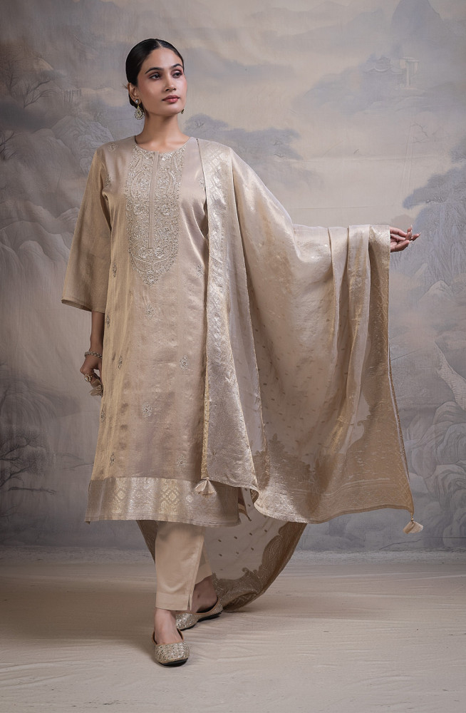 Image of Beige Tissue Silk Jacquard Unstitched Suit with Beautiful Silk Dupatta- R157-SPR2856A