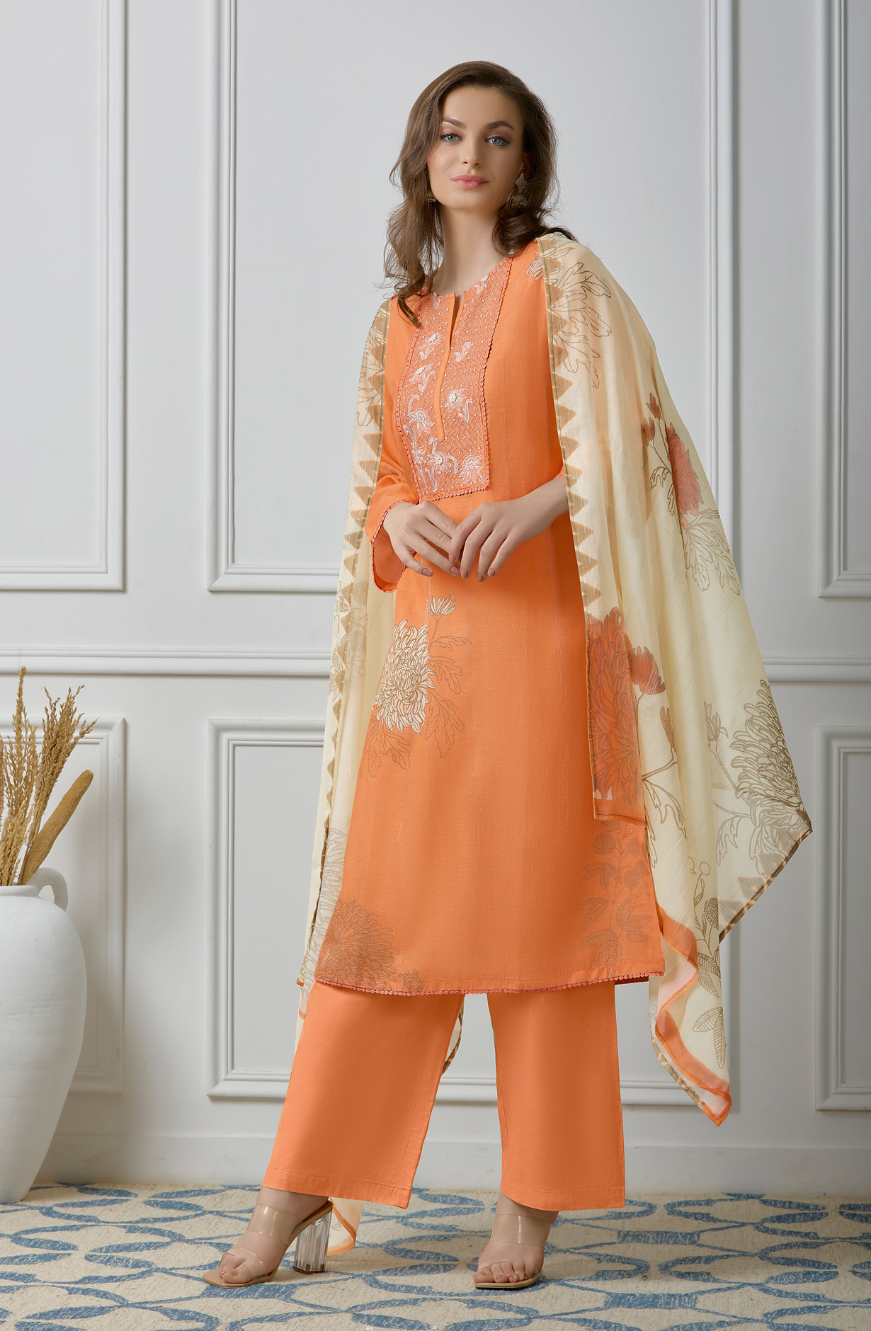 Orange Linen Beautiful Digital Printed Salwar Kameez - ZEH918