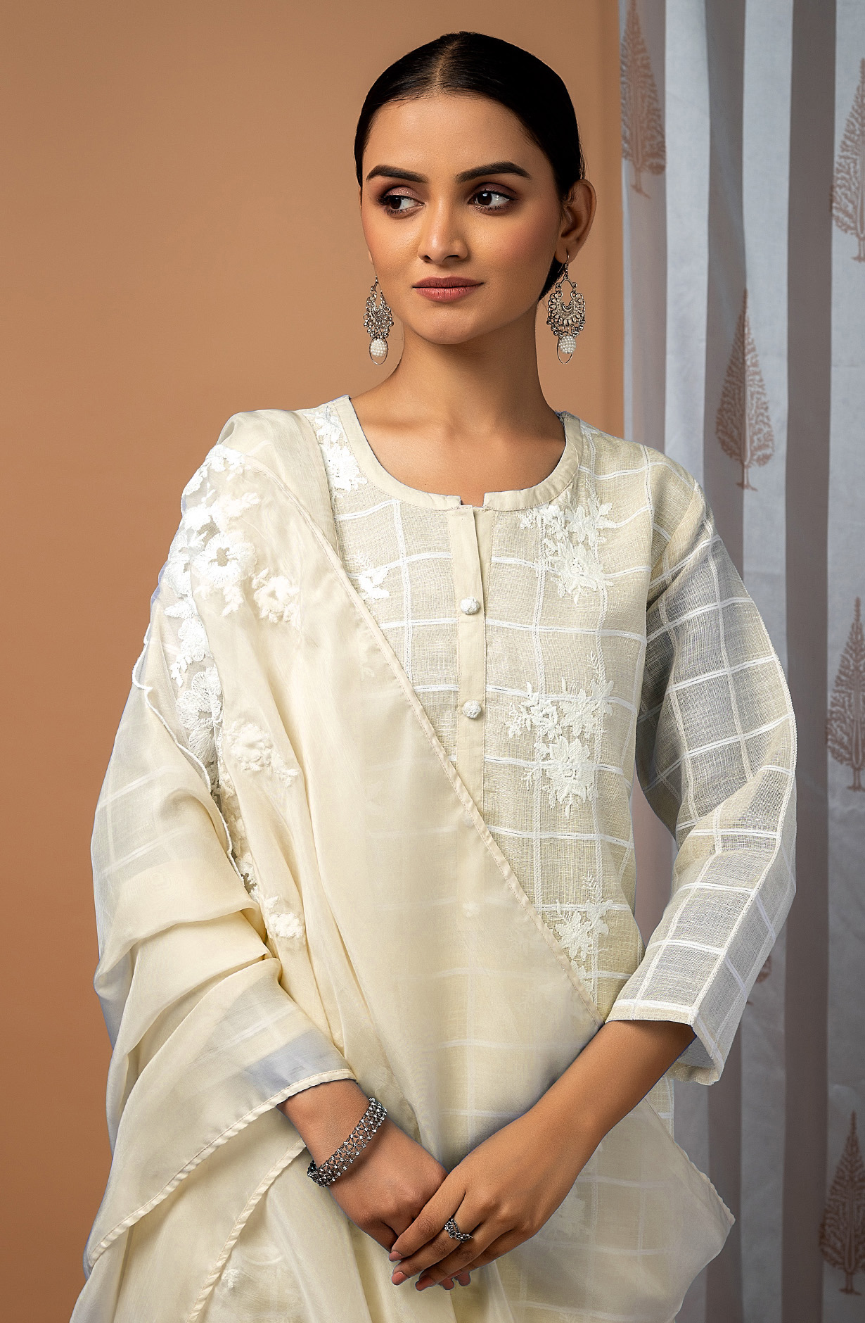 Fawn Linen Beautiful Embroidered Suit with Organza Dupatta - FAU1886A