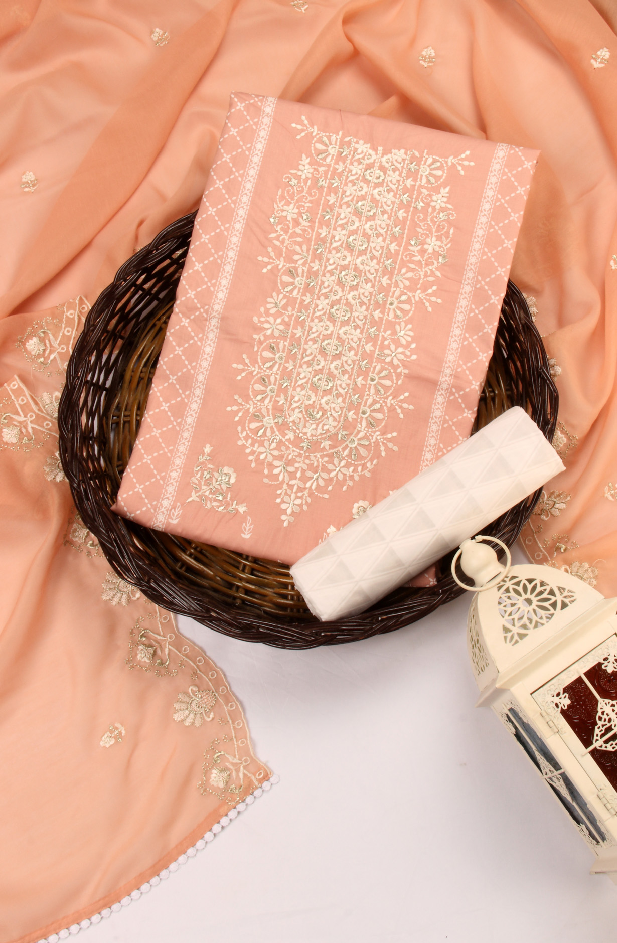 Peach Cotton Unstitched Salwar Suit with Trendy Dupatta - QAIS0034