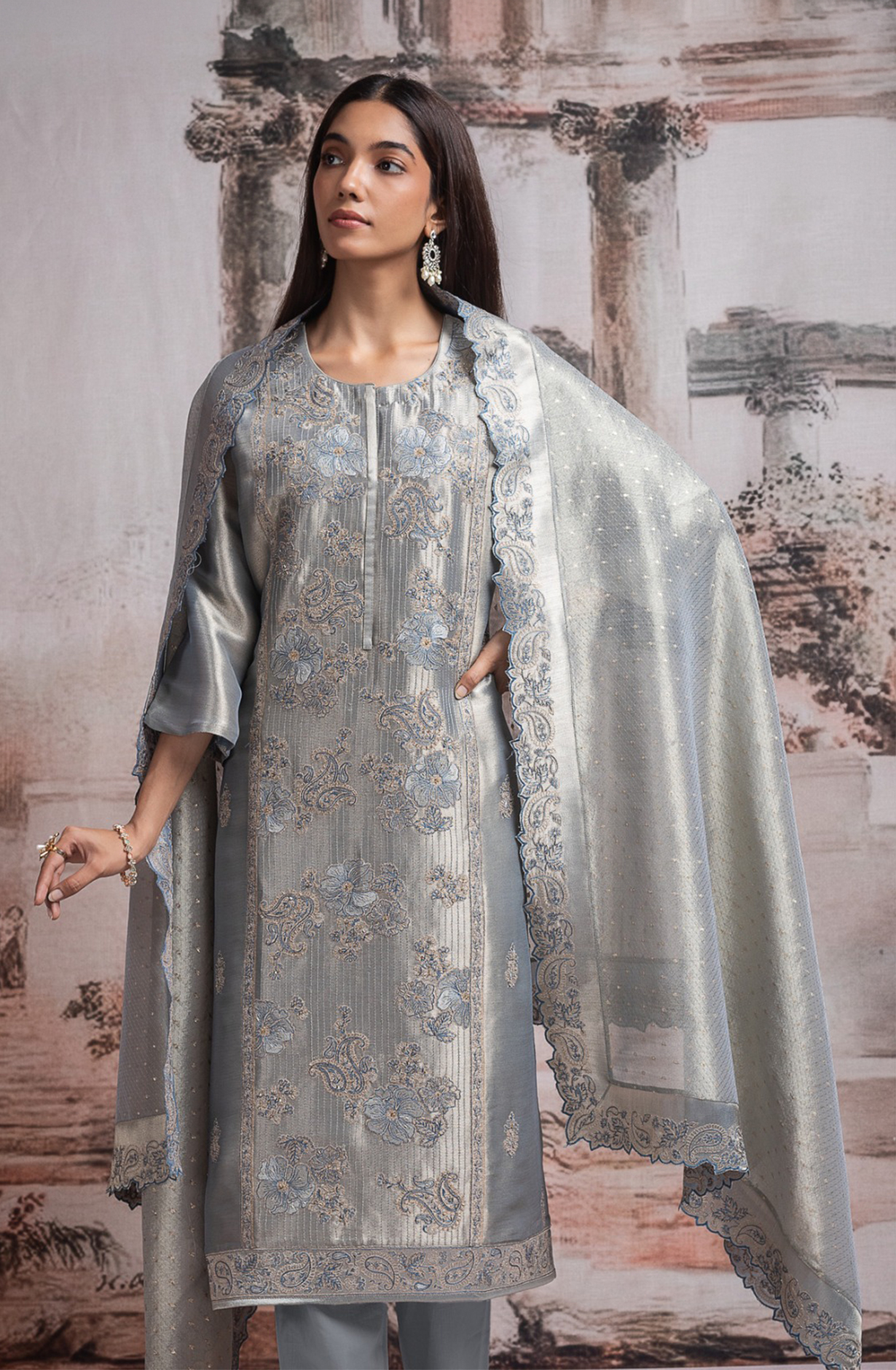 Grey  Ziraf silk Unstitched Suit with Beautiful Silk Tissue Dupatta- R157-SPR2470