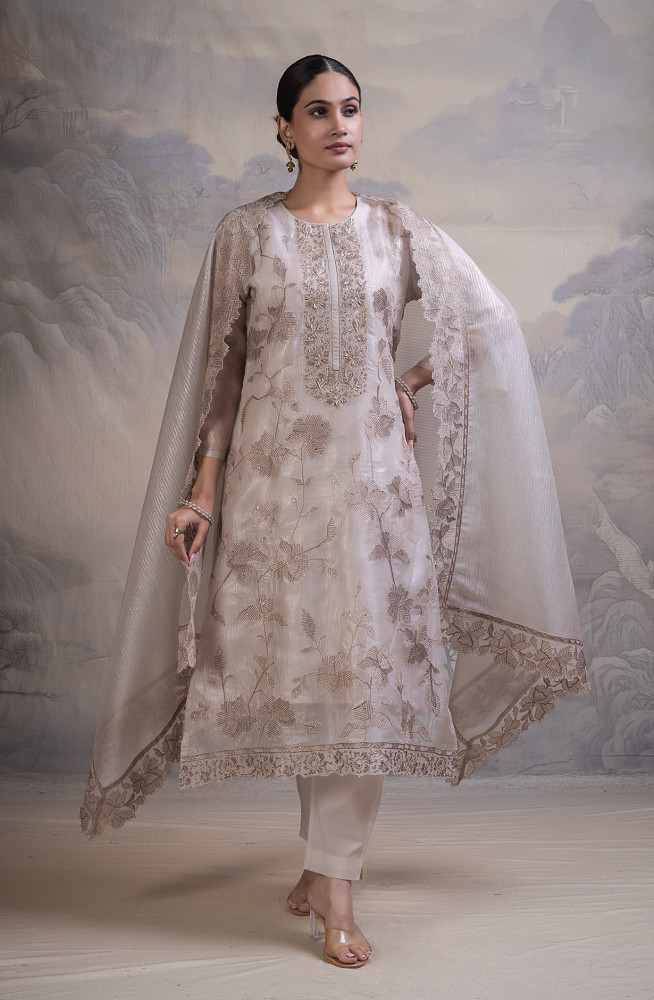 Image of Beige Banarsi tissue crush Unstitched Suit with Beautiful  Dupatta- R157-SPR2839B