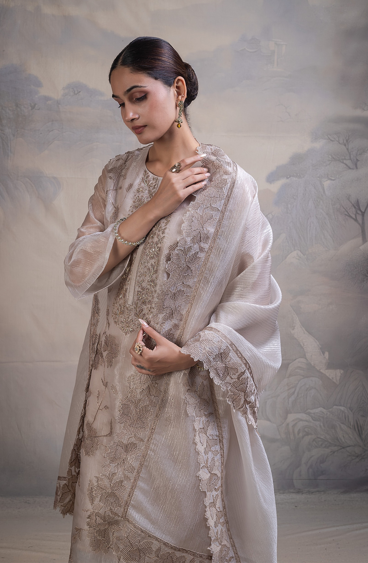 Beige Banarsi tissue crush Unstitched Suit with Beautiful Dupatta- R157-SPR2839B