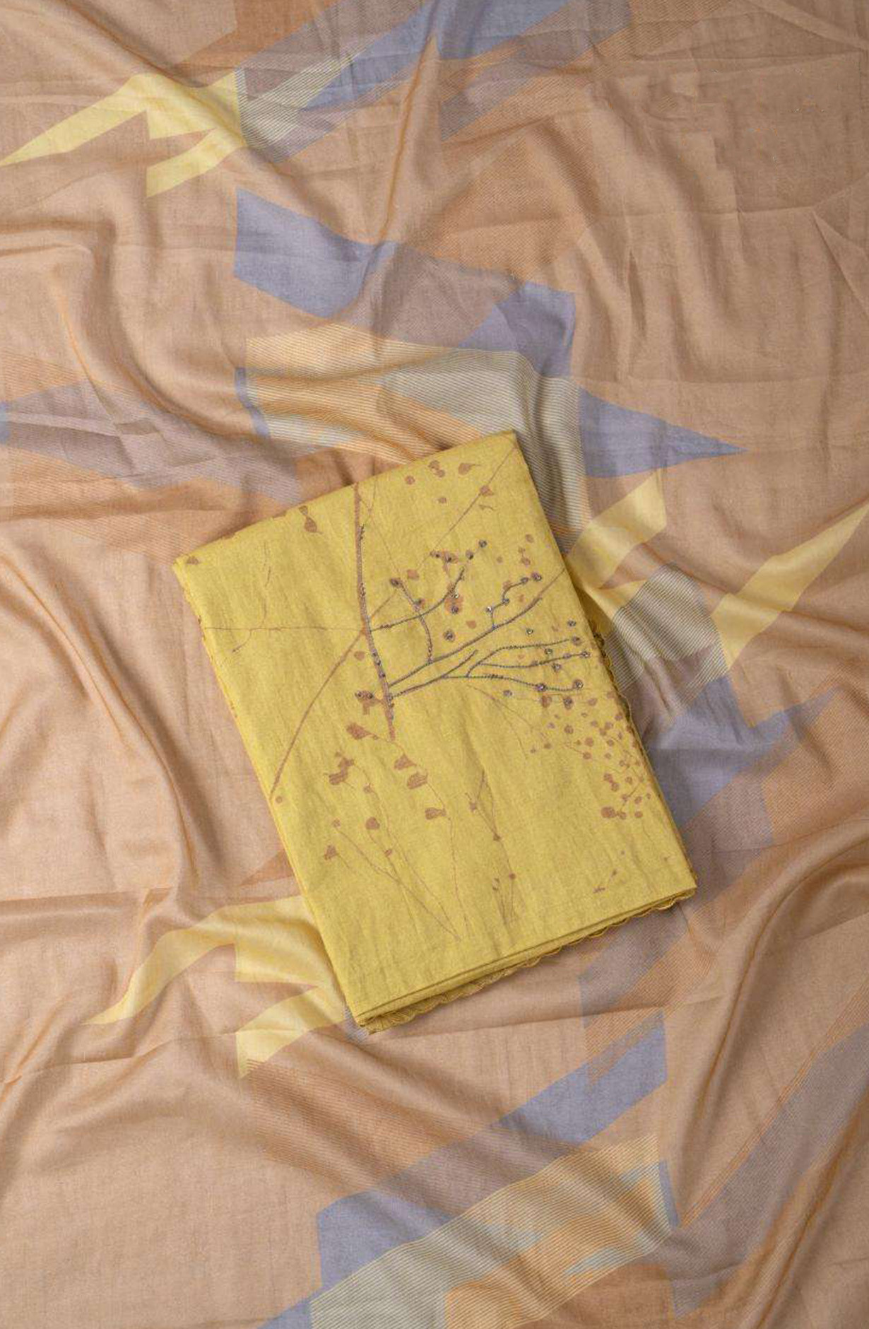 Yellow Lawn Cotton Printed With Embroidery And Handwork Suit Set with Dupatta - 823-V31C