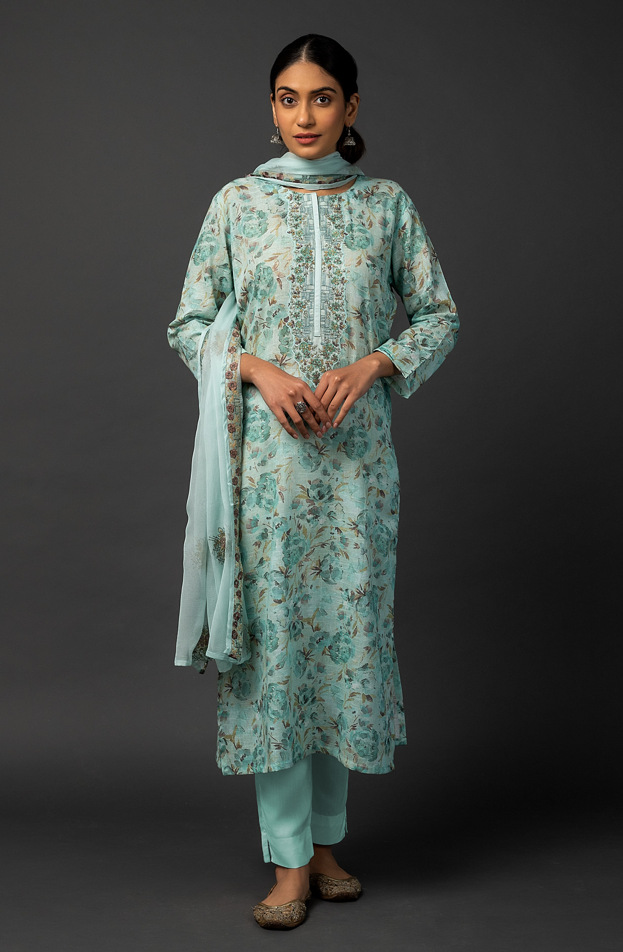 Sea Green Linen Digital Printed Salwar Suit with Chiffon Dupatta - R157-SPR1455A