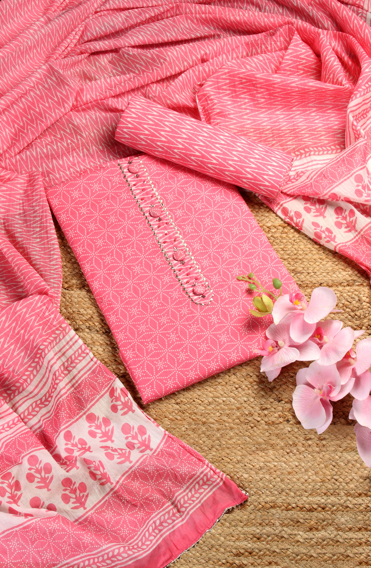 Pink Cotton Printed Salwar Suit with Dupatta - 983-4406