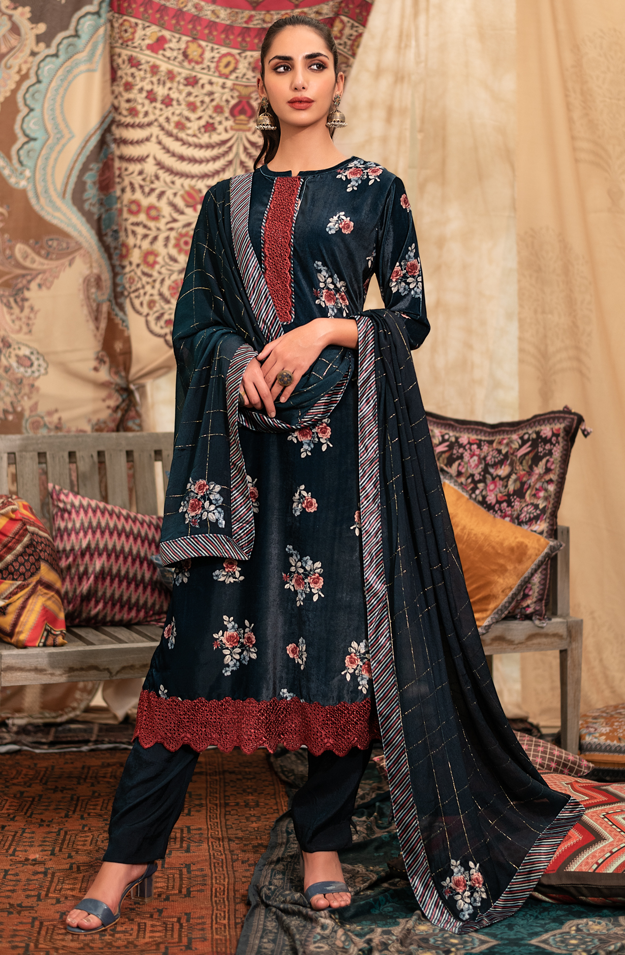 Blue Velvet Winter Wear Unstitched Suit-sets - NAU1616B