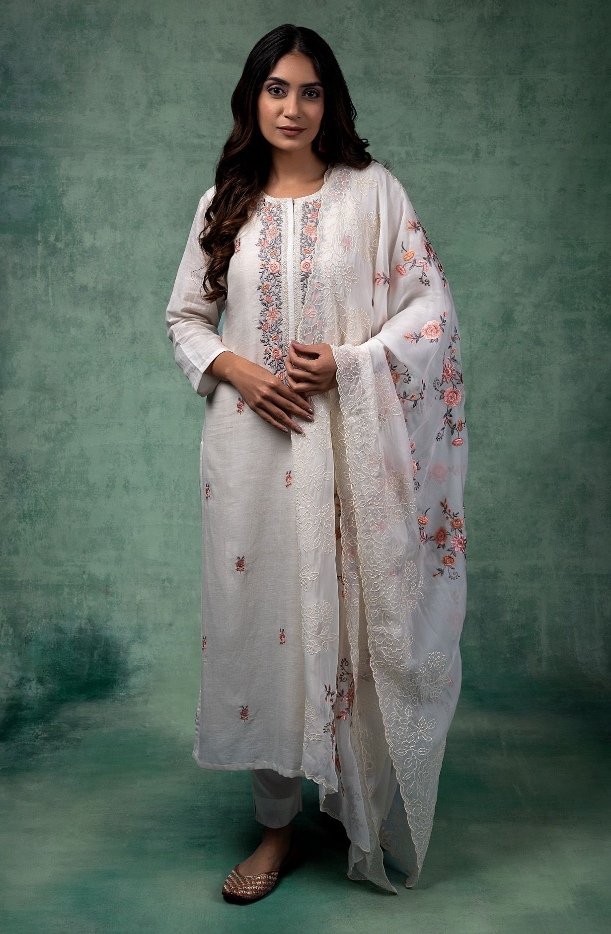 Off-White Linen Beautiful Embroidered Salwar Kameez with Organza Dupatta - R157-SPR1450B