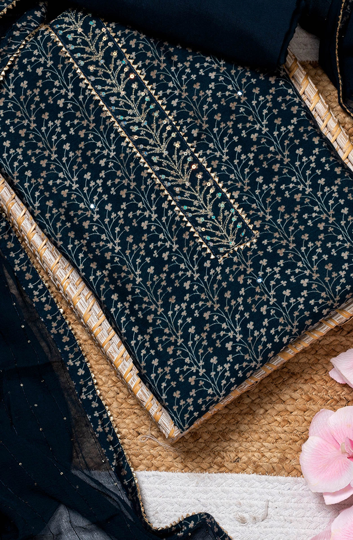 Teal Modal Silk Salwar Kameez with Chiffon Dupatta - 912-YRT09713