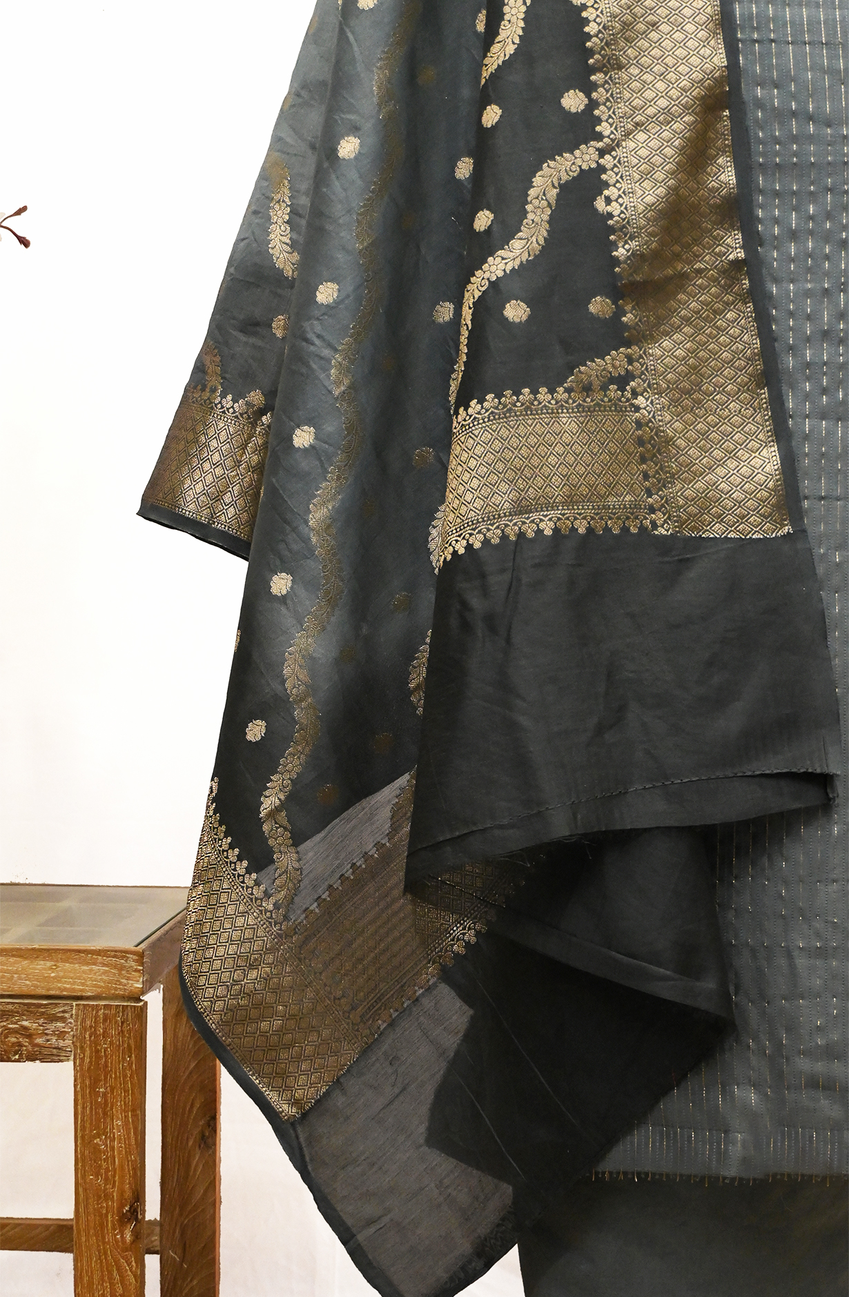 Grey  Chanderi Suit Set with Dupatta - 1021-ANARKALI-1D