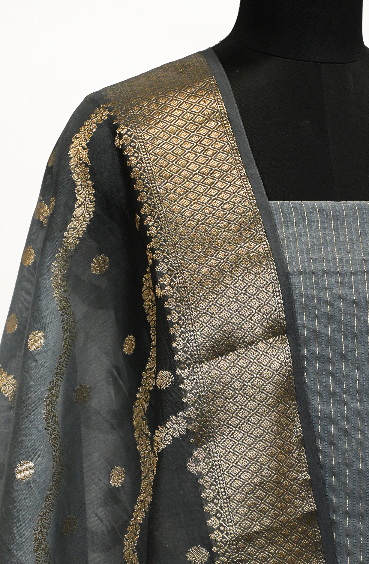 Grey  Chanderi Suit Set with Dupatta - 1021-ANARKALI-1D