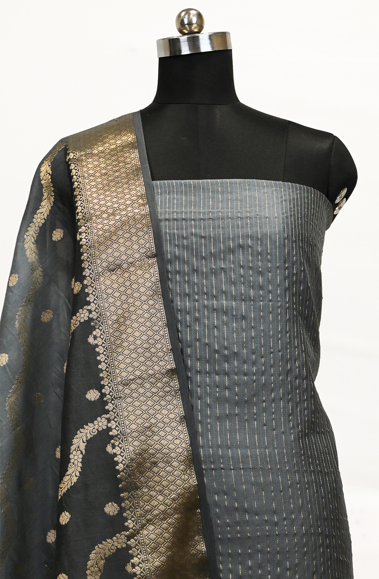 Grey  Chanderi Suit Set with Dupatta - 1021-ANARKALI-1D
