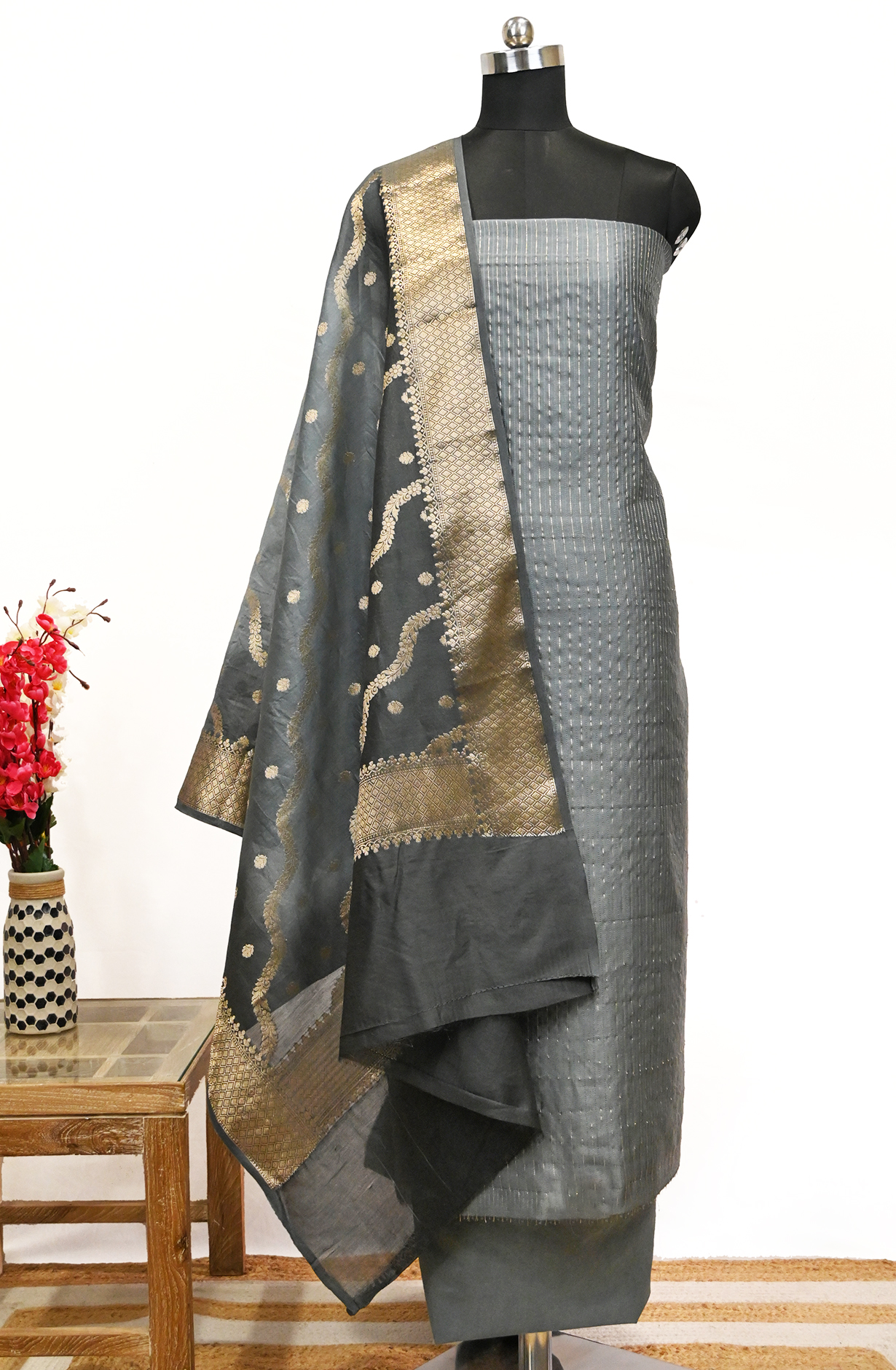 Grey Chanderi Suit Set with Dupatta - 1021-ANARKALI-1D