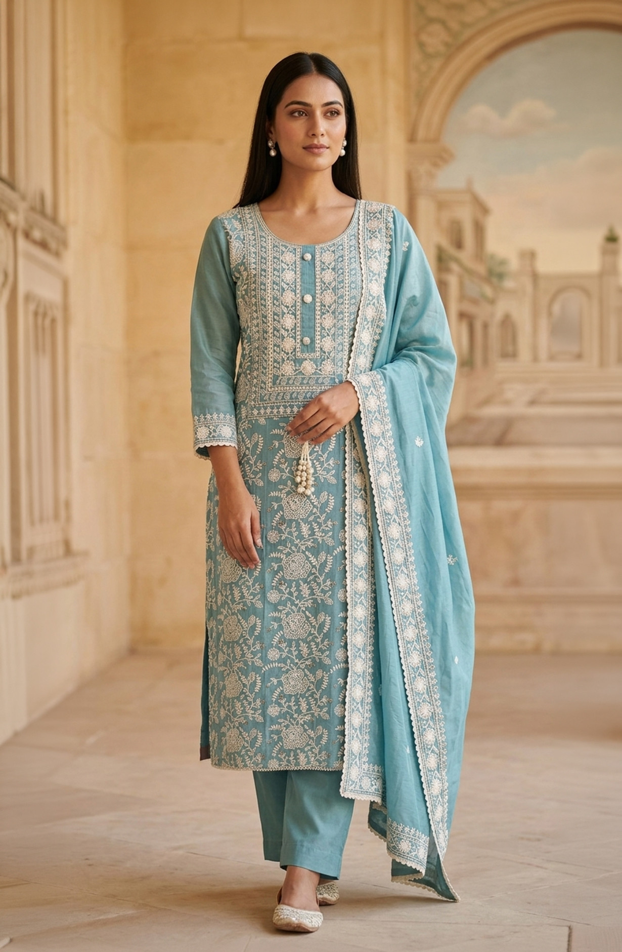 Blue Mul Chanderi Unstitched Beautiful Suit Set with Dupatta -  824-2514A